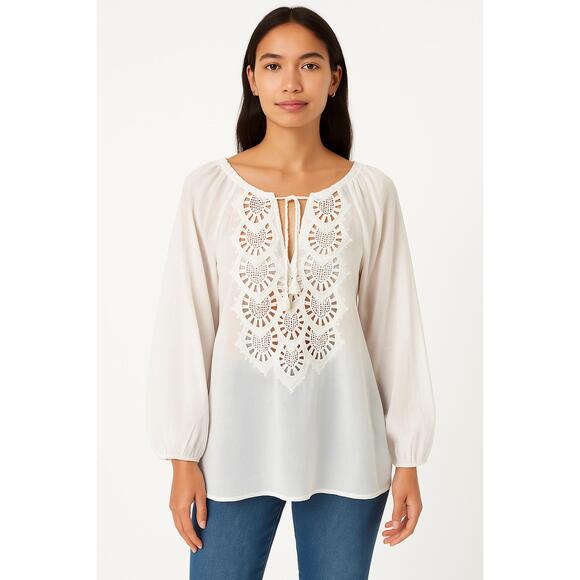 J. Crew Tops - JCrew Blouse Womens Size Medium White Embroidered Sheer Cotton Beach Cover Boho